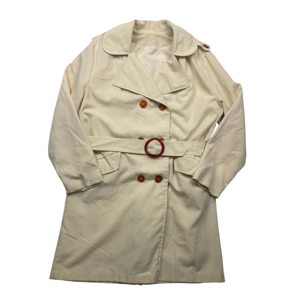 Vintage 1970s Cream Faux Double Breasted Belted Trench Coat Women's M